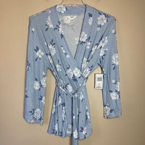 NEW Martha Stewart Cashmere Blue Floral Ribbed Knit Wrap Short Robe Womens L